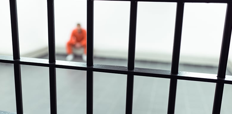 Man in jumpsuit sitting behind bar image