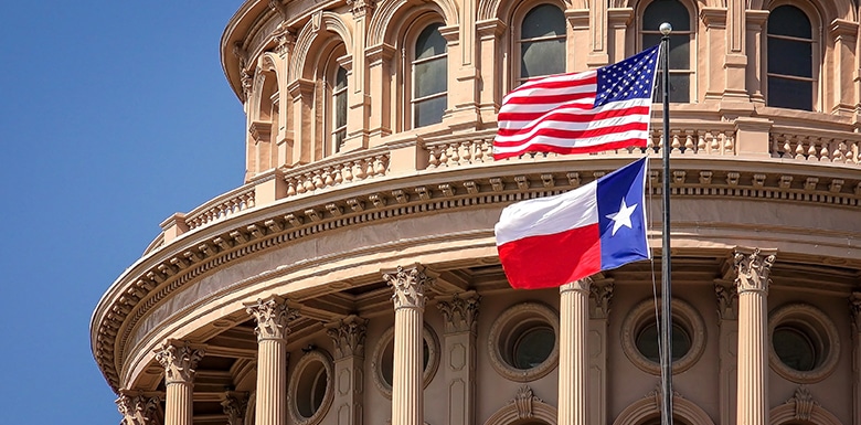 USA flag and Texas flag flying in front of old stately building