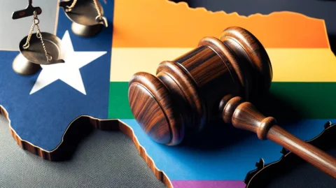A symbolic image featuring a rainbow flag representing the LGBTQ+ community, a traditional wooden judge's gavel, and the outline of Texas state in the background.