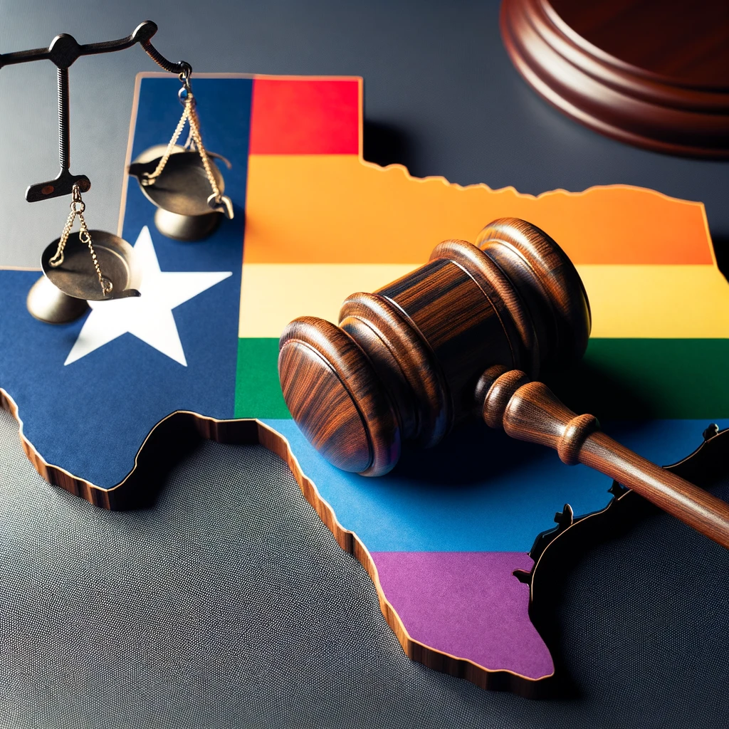 A symbolic image featuring a rainbow flag representing the LGBTQ+ community, a traditional wooden judge's gavel, and the outline of Texas state in the background.